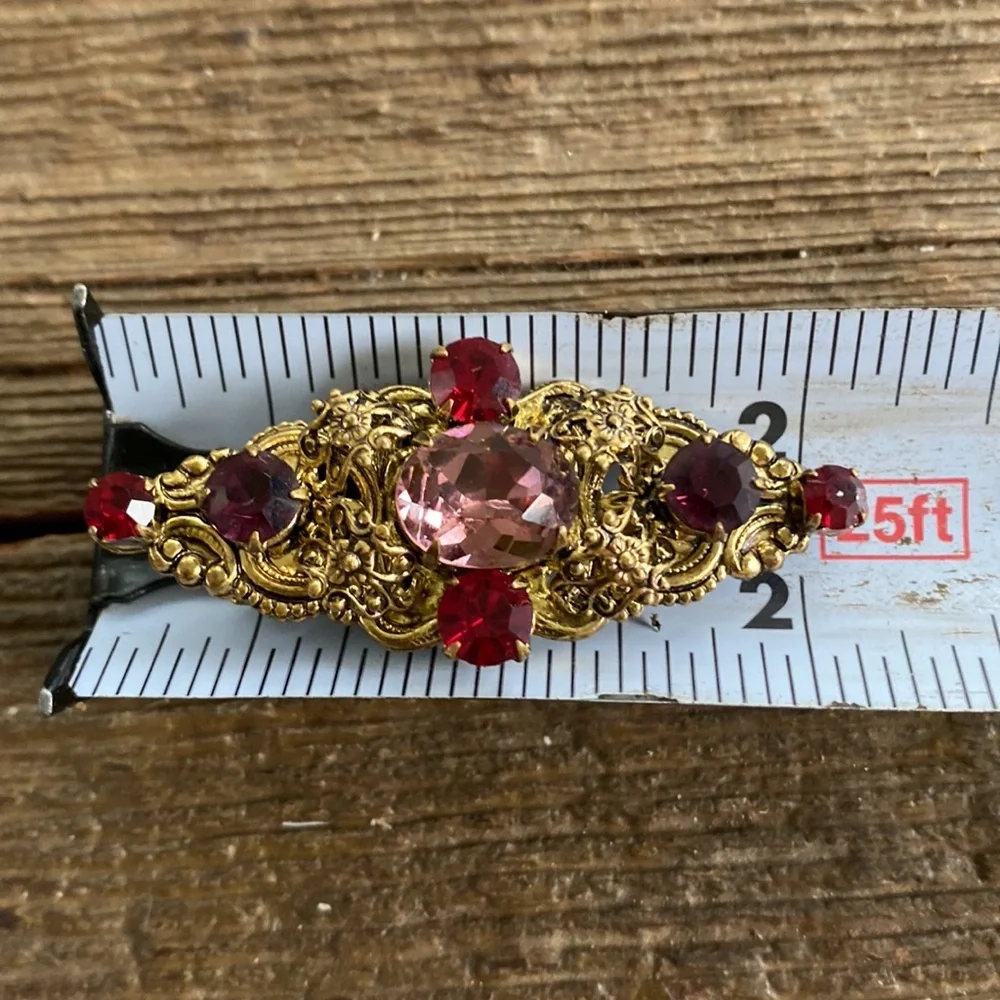 Vintage Edwardian Era CZECHOSLOVAKIA Filigree Red/ Purple Rhinestone brooch pin - Picture 5 of 5